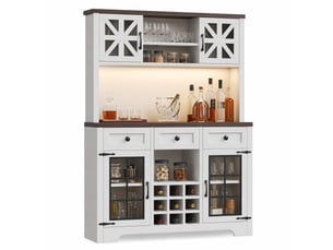 Buffet haut blanc 120 x 40 x 180 cm avec led, range-bouteilles et porte-verres