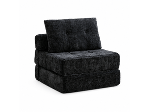 Chauffeuse convertible 1 place en chenille noir avec coussins, couchage 180 x 79 cm