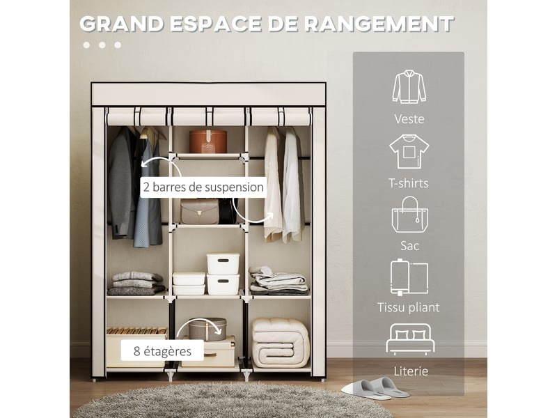  Armoire penderie multi-rangement - 8 étagères, 2 barres - non tissé crème  - Conforama E