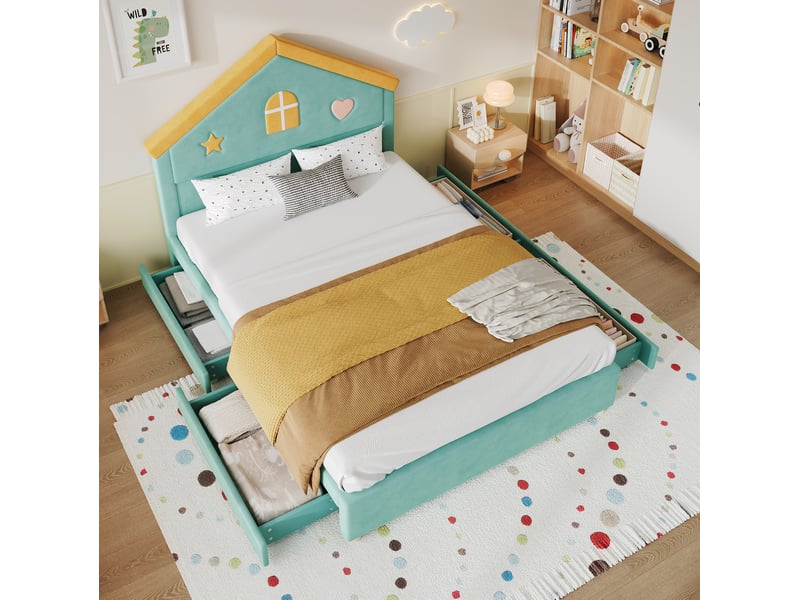  Lit enfant 140x200 cm équipé de tête de lit maison rembourrée, 4 tiroirs de rangement, velours bleu-vert, matelas non fourni  - Conforama D