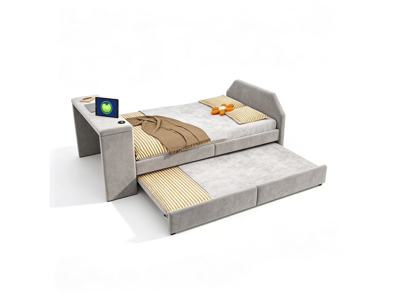  Lit gigogne enfant modenvie 90 x 200 cm avec bureau intégré et port usb en velours gris  - Conforama A