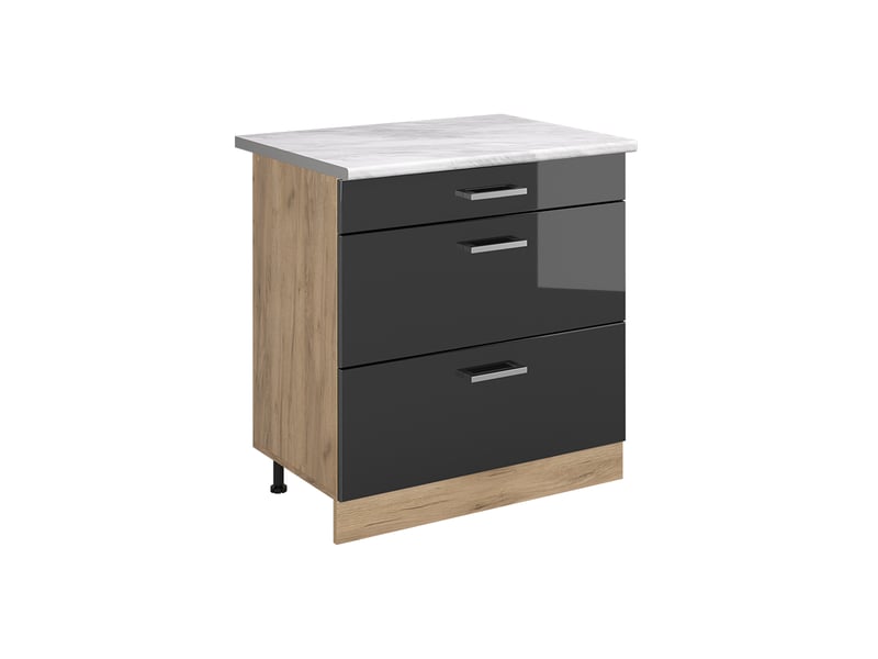  Vicco meuble cuisine, anthracite haute brillancechêne doré, 80cm avec 3 tiroirs plan de travail marbre  - Conforama A