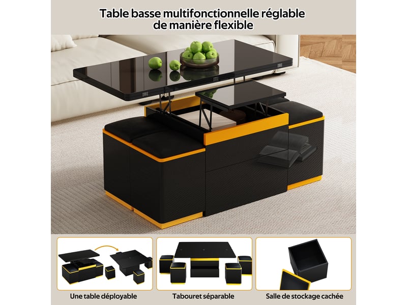  Table basse moderne noire brillante, table d'appoint élégante, multifonctionnelle, table basse réglable en hauteur, table à mangermeuble de salon pliable, 100 x 50 x 43 cm (l x l x h)  - Conforama D
