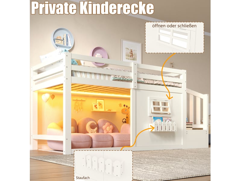  Lit mezzanine enfant 90x200 cm avec escalier de rangement et led blanc  - Conforama E