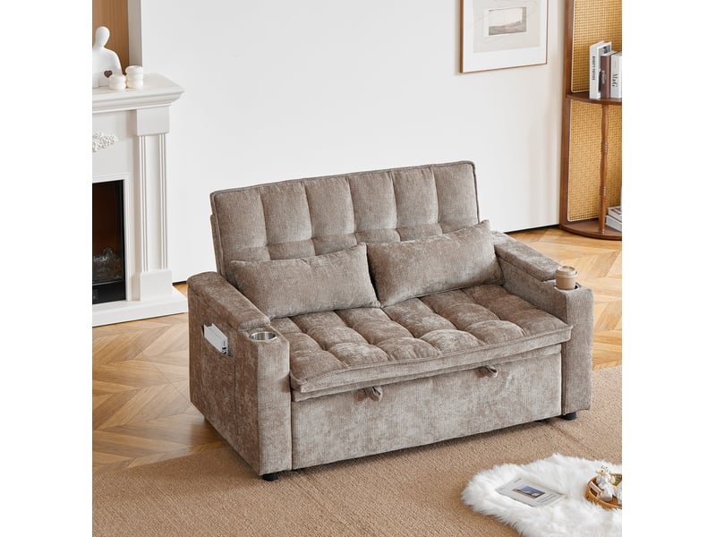  Canapé-lit 3-en-1 142x89x89 cm convertible, 2 porte-gobelets, 2 coussins lombaires, rangements, chenille marron  - Conforama B