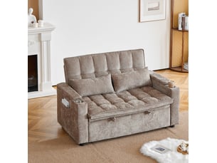 Canapé-lit 3-en-1 142x89x89 cm convertible, 2 porte-gobelets, 2 coussins lombaires, rangements, chenille marron