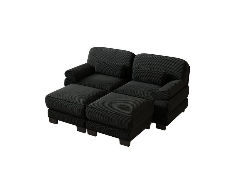  Canapé modulaire 2 places noir en velours côtelé avec 2 poufs, assise profonde  - Conforama E