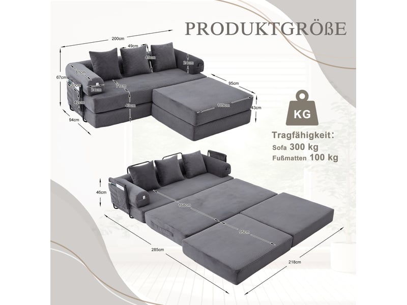 Canapé droit modulable convertible 3 places en velours côtelé gris foncé avec pouf et poche latérale - Conforama C