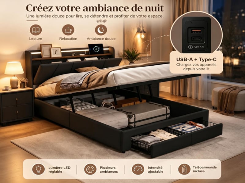 Lit coffre 140x190 cm ezssw, coloris noir - Conforama D