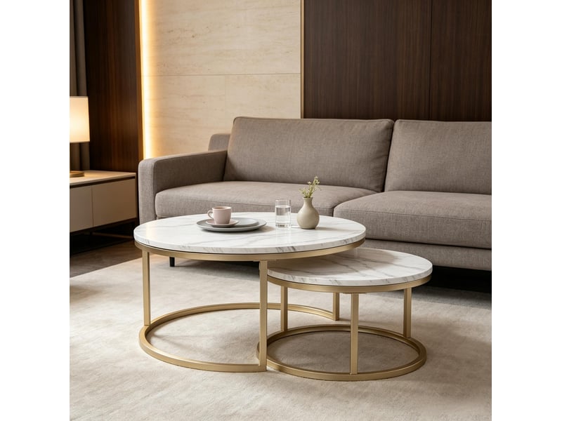  Tables basses gigognes ulevr rondes 80 et 60 cm, lot de 2 en mdf effet marbre blanc et métal  - Conforama B
