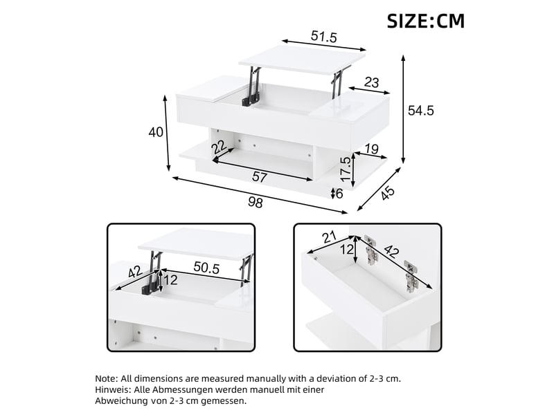  Table basse relevable 98x45x40 cm led panneau de particules blanc  - Conforama C