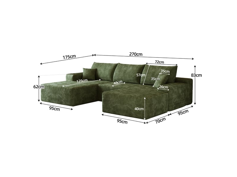  Canapé d'angle modulaire 4 places en velours côtelé vert, méridienne en l, assise profonde et sans montage  - Conforama C
