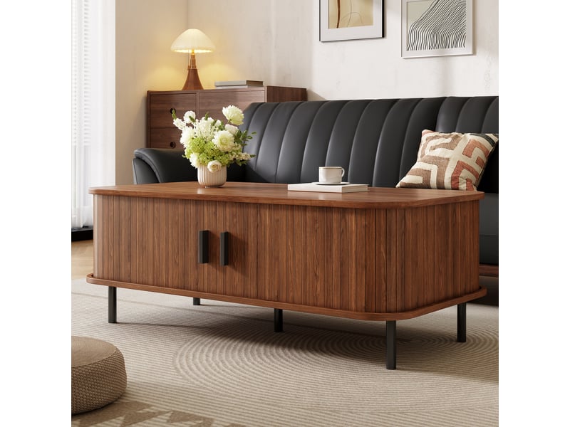  Table basse 100×50×45 cm en mdf et particules, avec deux portes coulissantes, décor à lattes verticales, bords arrondis  - Conforama B