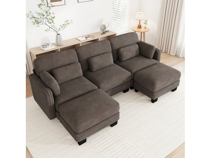 Canapé d'angle modulaire en u 3 places avec 2 ottomanes en chenille marron - Conforama W