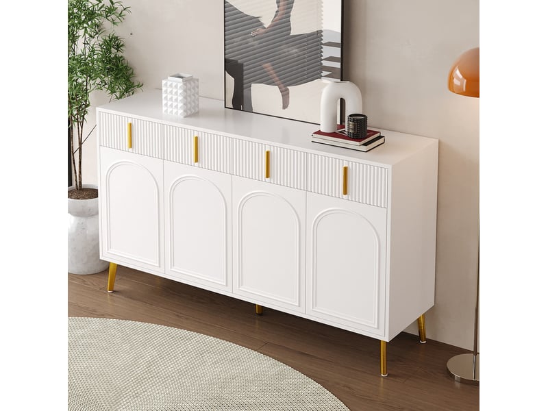  Buffet modenvie 4 portes 4 tiroirs 140 x 38 x 82 cm mdf blanc poignées et pieds dorés  - Conforama B