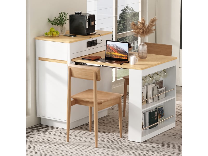  Ilot central de cuisine - 80,5x58x94cm - desserte extensible avec table, prises, led et roulettes - blanc et bois  - Conforama B