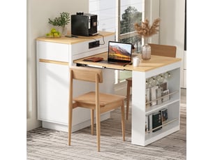 Ilot central de cuisine - 80,5x58x94cm - desserte extensible avec table, prises, led et roulettes - blanc et bois
