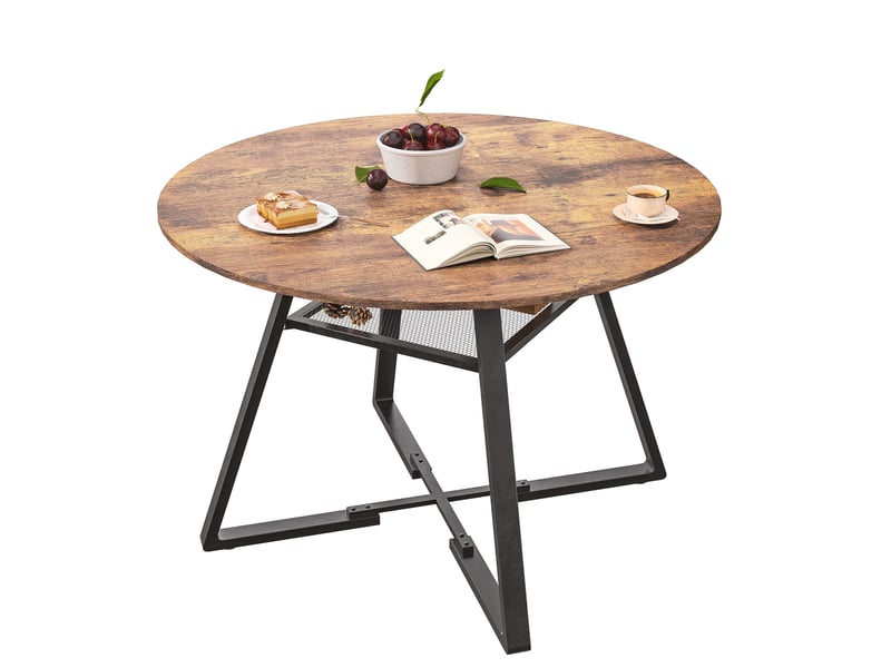 Table à manger ronde - 120x120x75cm - table de cuisine industrial vintage 4-6 personnes avec rangement en métal - marron  - Conforama A