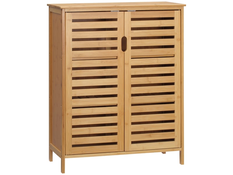 Meuble de salle de bain en bambou avec 2 portes à lattes et 2 étagères intérieures, 68 x 32 x 86 cm, naturel  - Conforama A
