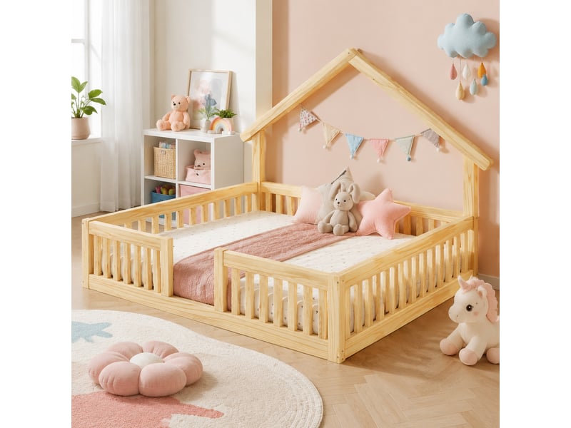 Lit cabane 140x200 cm en mdf et bois de pin avec barrière de sécurité et led naturel chicfurn - Conforama B