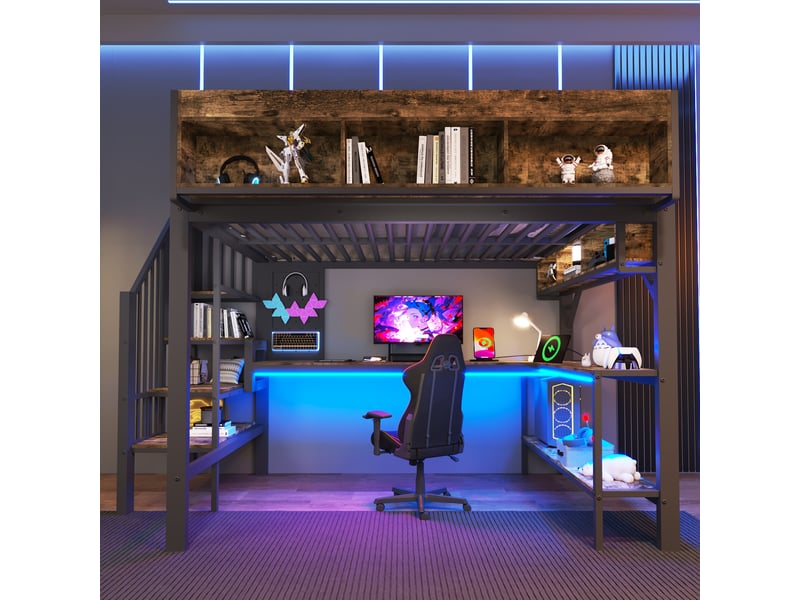  Lit mezzanine 140 × 200 cm, avec bureau, étagères de rangement, panneau perforé, prise de courant et ruban led, adapté aux enfants et adolescents, noir et marron  - Conforama E