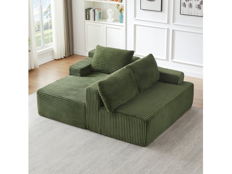  Canapé d'angle compressé en l 238x152x66 cm modulable 3 places, pour salon, pratique, mousse et velours côtelé, vert  - Conforama D