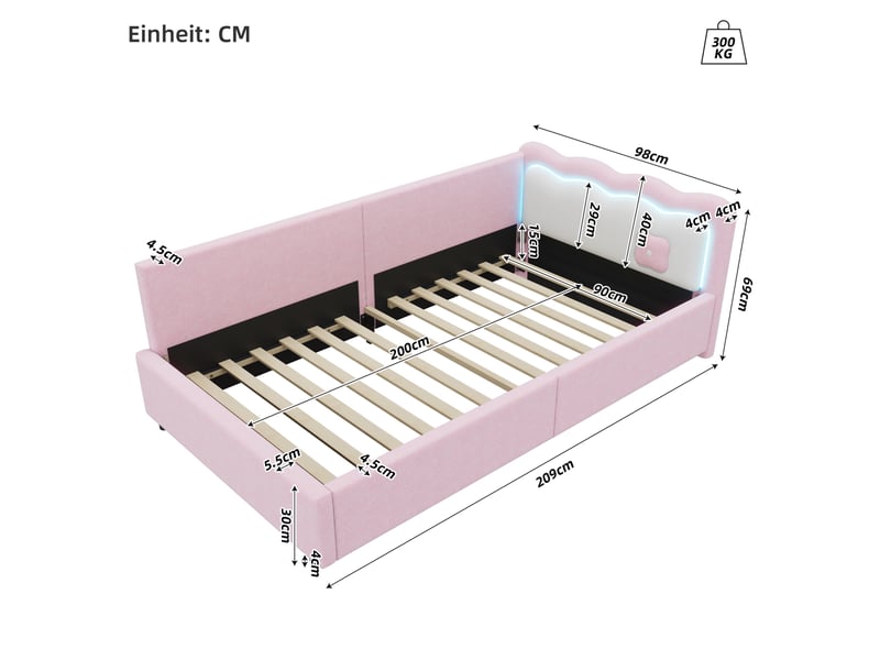  Lit banquette 90x200 cm avec éclairage d’ambiance led, sommier à lattes, vliesimitat+mdf, rose, sans matelas  - Conforama C