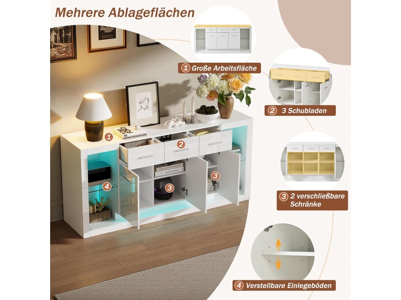  Buffet brillant blanc, 160 x 40 x 75 cm, commode vaisselier avec 3 tiroirs 3 portes et led  - Conforama E