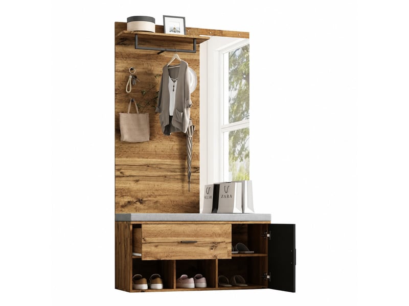  Meuble d’entrée avec miroir, banc rembourré, rangement et penderie 104 x 39 x 190 cm, chêne  - Conforama A
