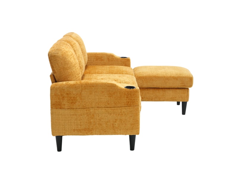 Canapé élégant 4 places velours avec pouf rangement porte-gobelets poches latérales pieds robustes - Conforama E