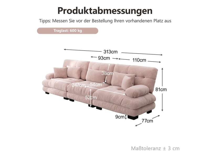  Canapé convertible modulaire 3 places 313x77x81 cm, avec accoudoirs, grande profondeur d’assise, revêtement chenille rose  - Conforama C