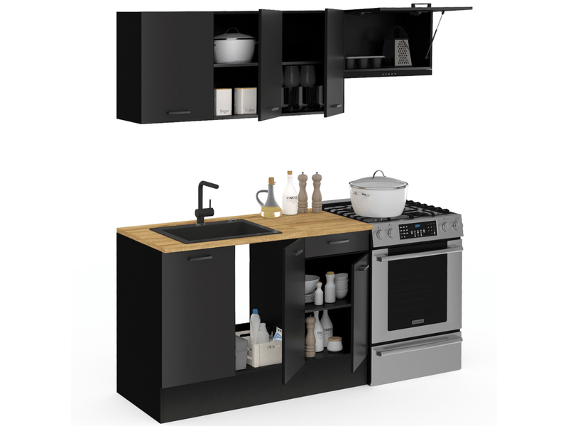 Cuisine complète 180 cm subtil avec plan de travail 5 éléments noir et plateaux bois  - Conforama D