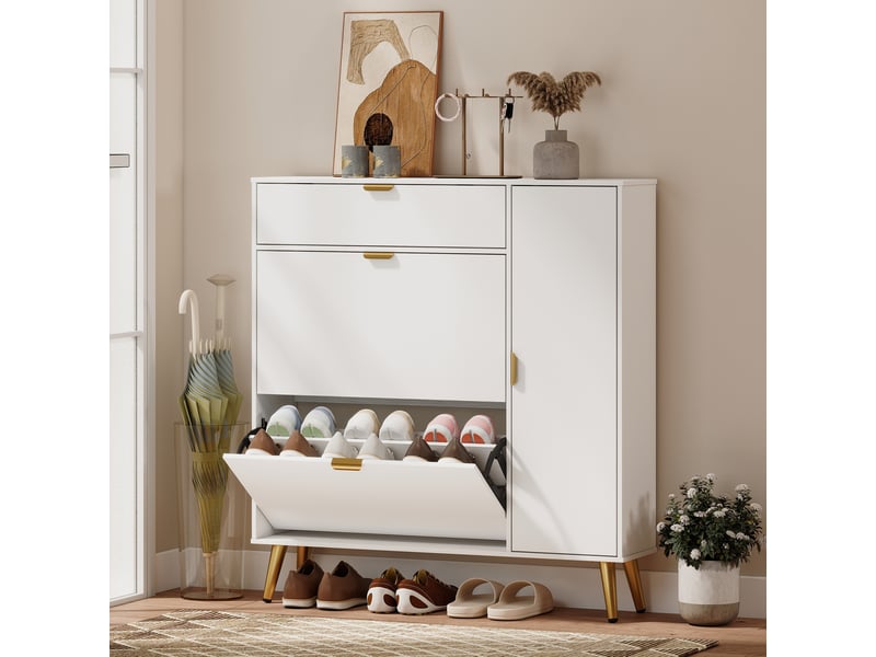 Meuble à chaussures 12 paires, armoire à chaussures, 2 tiroirs rabattables, 4 compartiments, 99,4x23,8x106,6cm, blanc - Conforama B