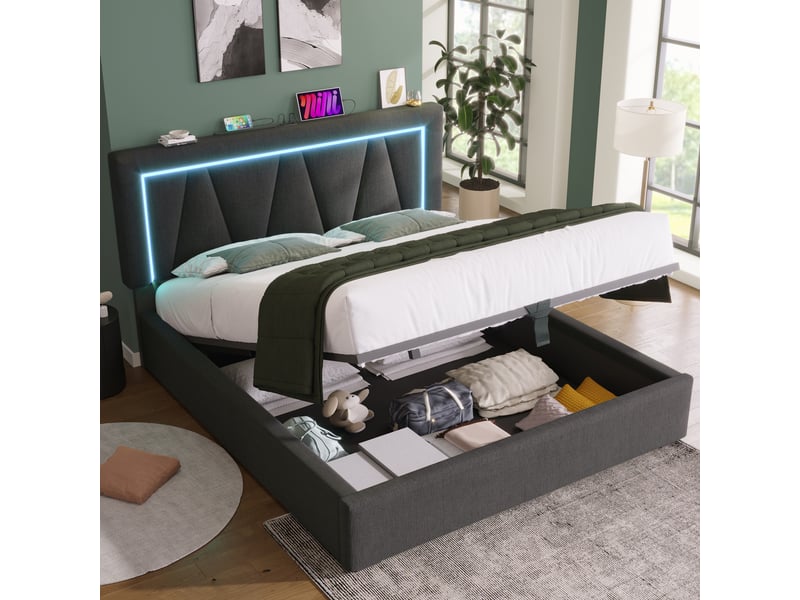  Lit rembourré rayofi 160x200 avec led intégrées, ports usb et chargeur type-c, sommier à lattes, cadre lin, matelas inclus ABMA434142G - Conforama R