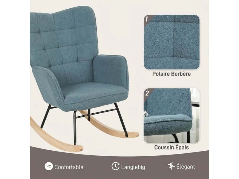  Fauteuil à bascule bleu clair en polyester avec accoudoirs et pieds en bois, 120 kg max  - Conforama C