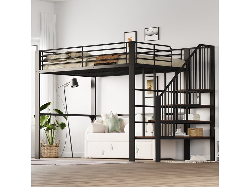  Lit mezzanine en métal 140 x 200 cm noir, structure stable avec échelle et grand rangement sous le lit  - Conforama D