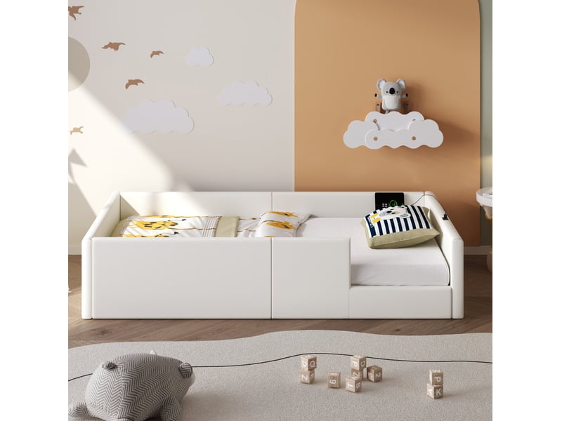  Lit simple 90x200 cm rembourré blanc avec barrière et station de charge  - Conforama D