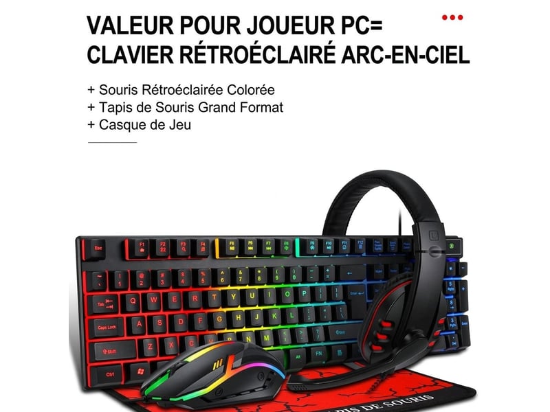  Pack gaming 4 en 1 clavier souris casque tapis – ensemble gamer pc rétroéclairé rainbow avec souris rgb, micro-casque stéréo réglable et tapis antidérapant – noir  - Conforama B