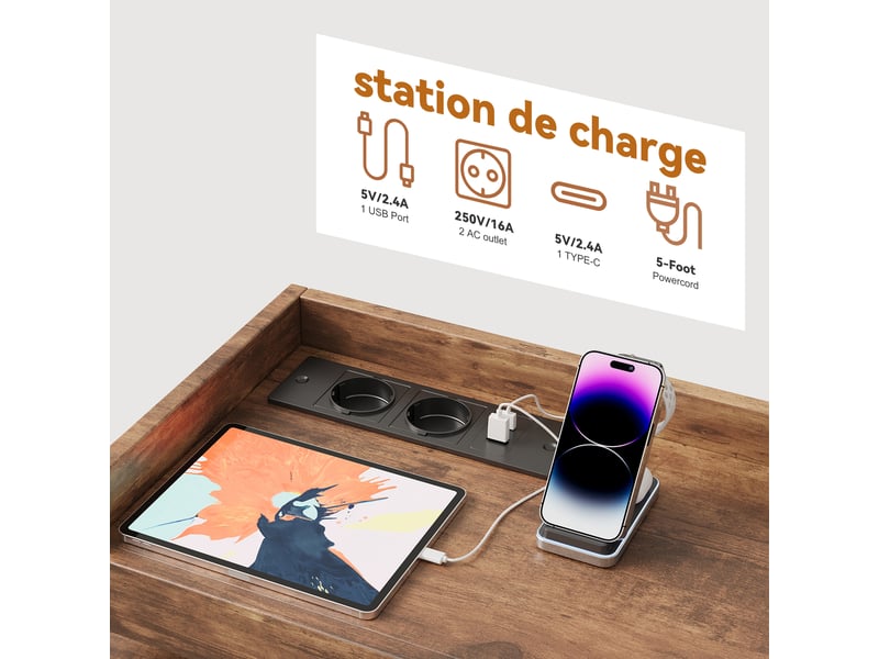 Commode 8 tiroirs avec led et prises - 108 x 30 x 82 cm-marron rustique - meuble de rangement avec station de charge et étagère - Conforama E