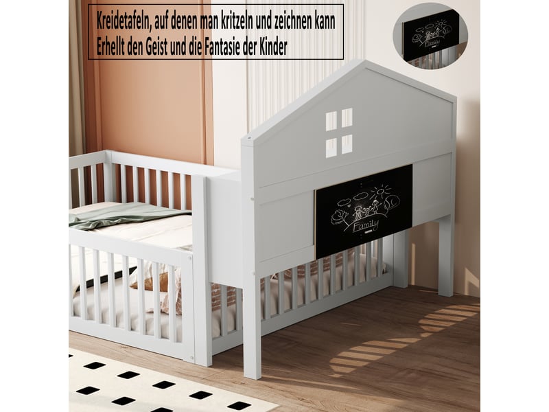  Lit enfant 140x200 cm avec étagère, tableau noir, garde-corps et sommier, forme de maison, bois blanc, sans matelas  - Conforama E
