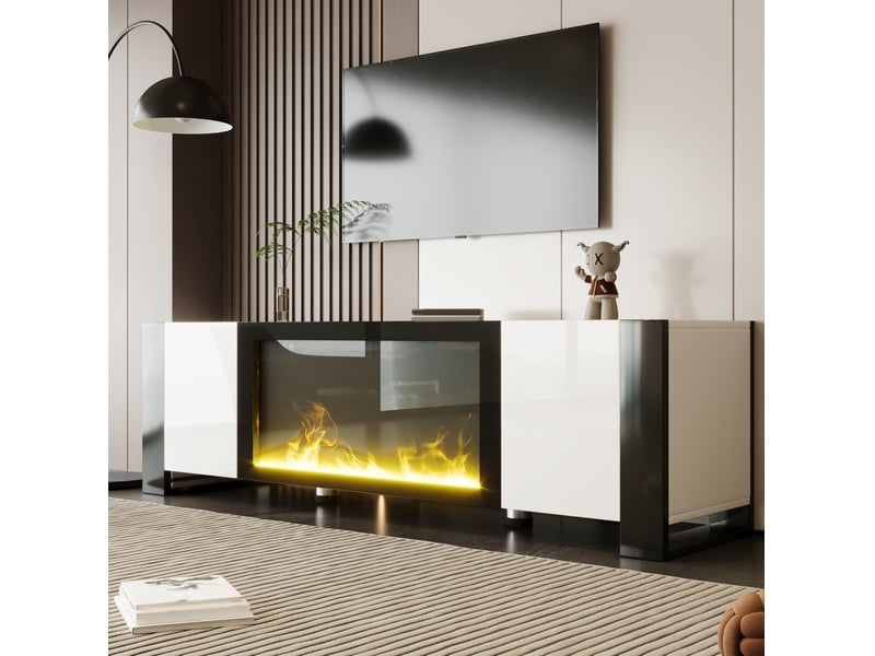  Meuble tv modenvie avec cheminée électrique décorative 165 x 32 x 55 cm blanc et noir  - Conforama E