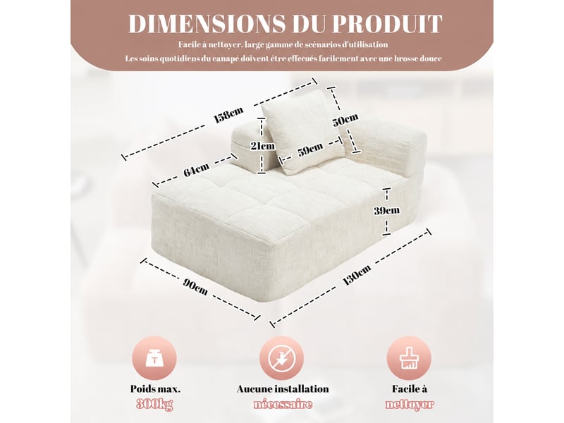  Canapé méridienne beige, 1 place en chenille avec coussin et poches latérales  - Conforama D
