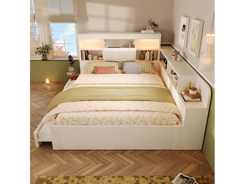  Lit gigogne 140x190 cm avec éclairage, prises usb et rangements, blanc  - Conforama C