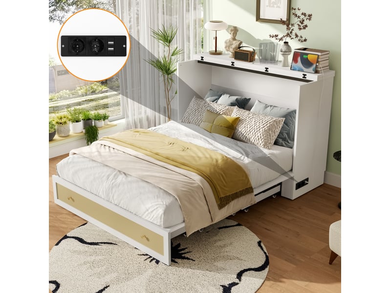  Lit escamotable, 140x200 cm, couchage escamotable, avec tiroirs, usb et prise, matelas non inclus, mdf, coloris blanc  - Conforama E
