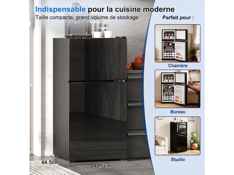 Mini réfrigérateur 60 l avec congélateur 22 l, porte vitrée, led, thermostat réglable, noir - Conforama C