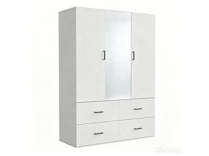 Armoire penderie chambre adulte 4 portes et 4 tiroirs - 130x52x182 cm - miroir - charnières amorties - style scandinave minimaliste - pour petit appartement, armoire blanc mat
