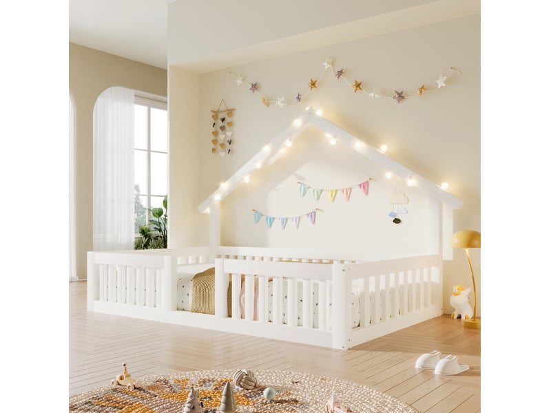  Lit cabane enfant 90 × 200 cm 1 place avec barrières de sécurité et éclairage led, sans matelas, en bois, blanc  - Conforama C