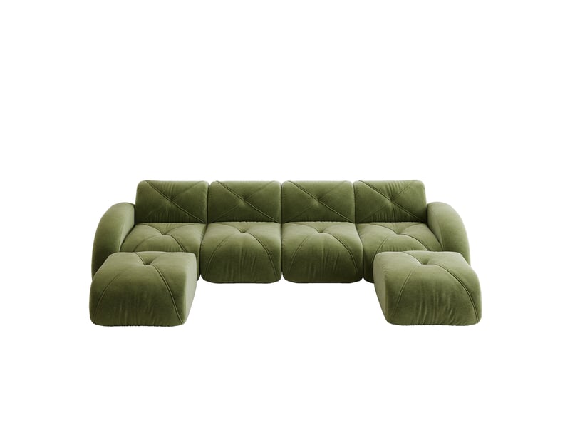  Canapé modulable 4 places en u, canapé panoramique sans cadre revêtement chenille vert, design contemporain salon  - Conforama A
