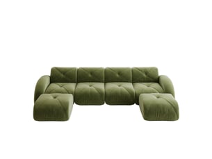 Canapé modulable 4 places en u, canapé panoramique sans cadre revêtement chenille vert, design contemporain salon