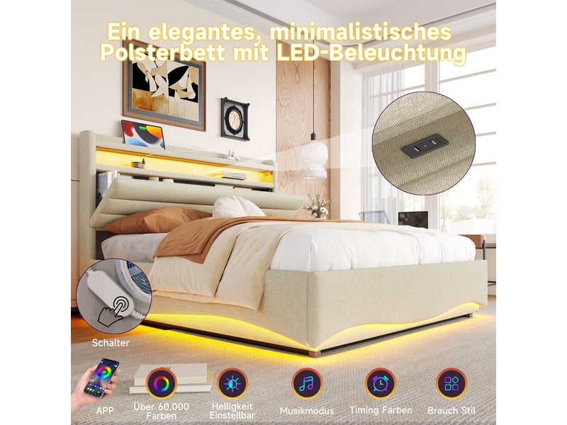  Lit capitonné 140 x 200 cm beige, led, relevage hydraulique, usb et type-c, rangements, sans matelas  - Conforama E